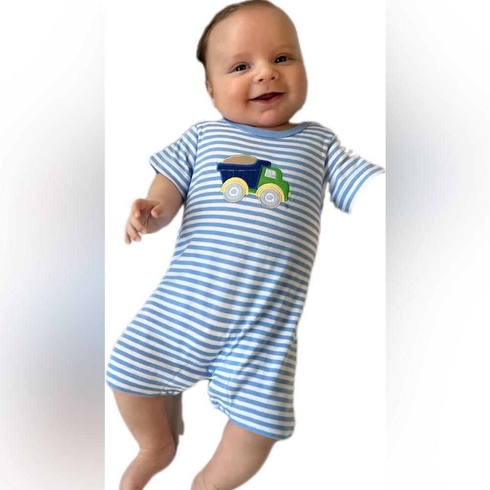 Blue and White Striped Bodysuit with Truck Design